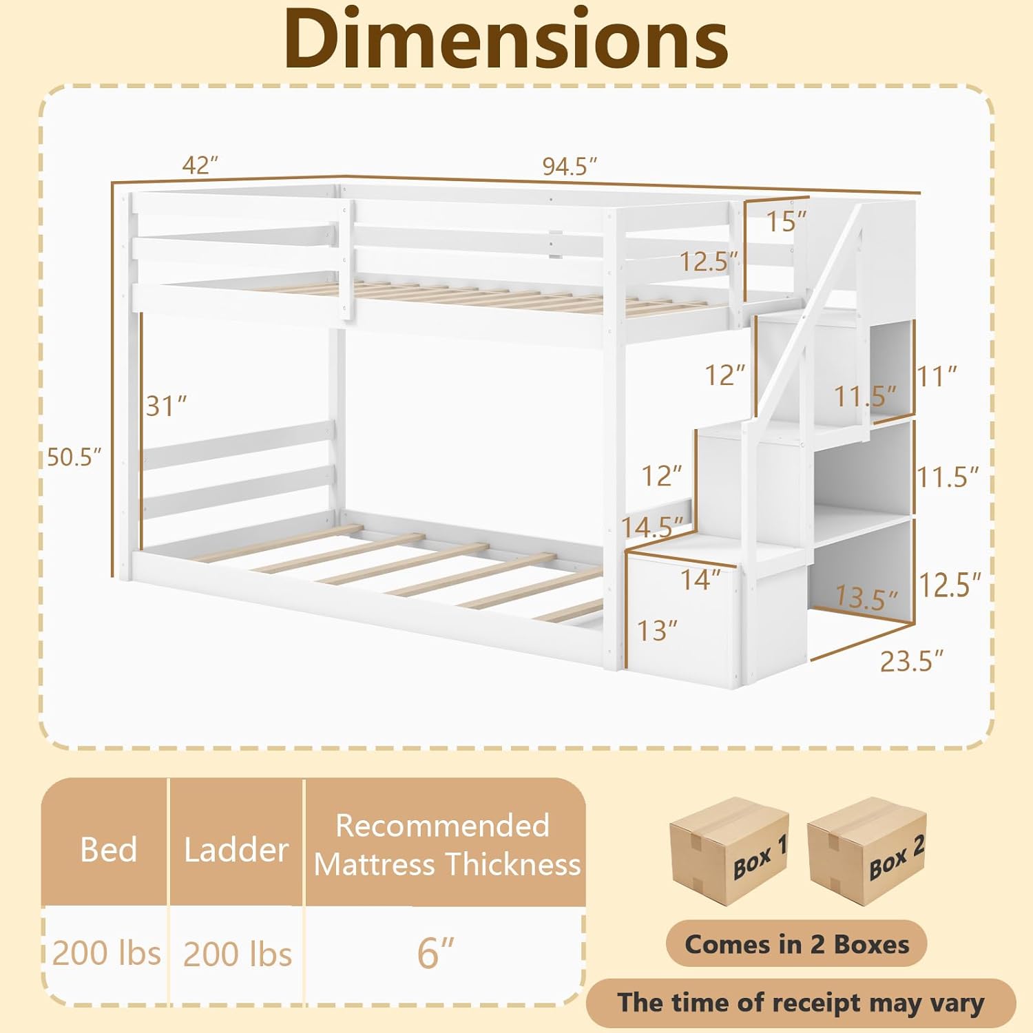 KOMFOTT Wood Twin Over Twin Low Bunk Bed with Storage Staircase, Wooden Bunk Bed Frame with Full-Length Guardrails, Low Profile Kids Bed with Slats Support, No Box Spring Needed (White)