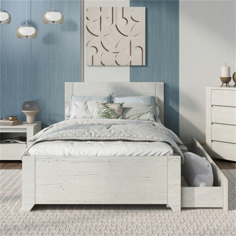 3 Pieces Simple Style Manufacture Wood Bedroom Sets with Twin bed, Nightstand and Chest, Stone Gray