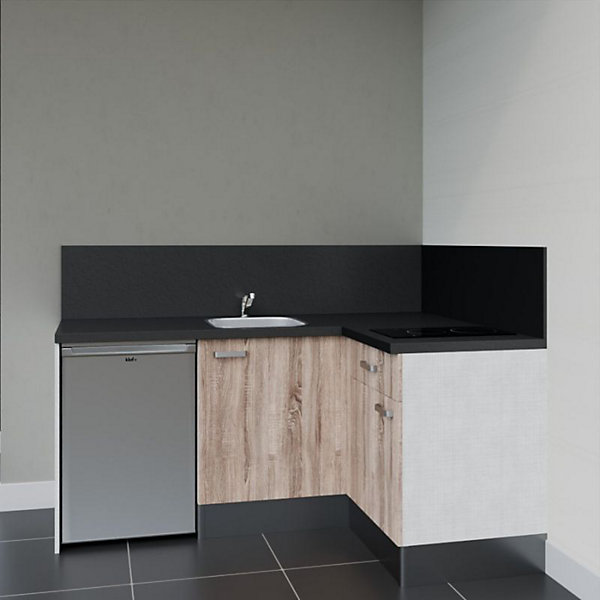 Kitchenette KA01 façades Bois - Plan de travail Noir texturé - Crédences : Oui - Evier inox - Electroménager Inox inclus