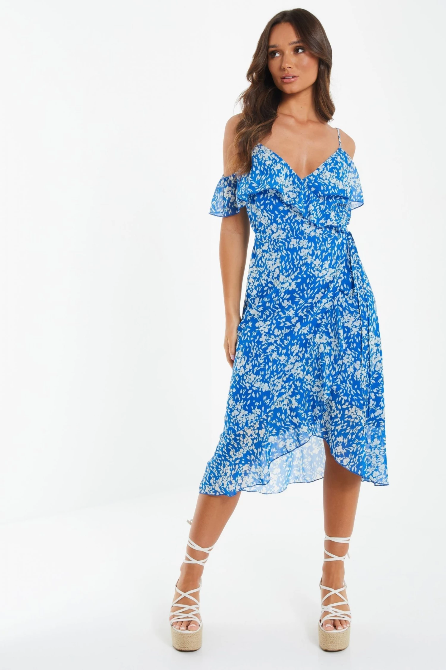 Quiz Blue Floral Cold Shoulder Midi Dress
