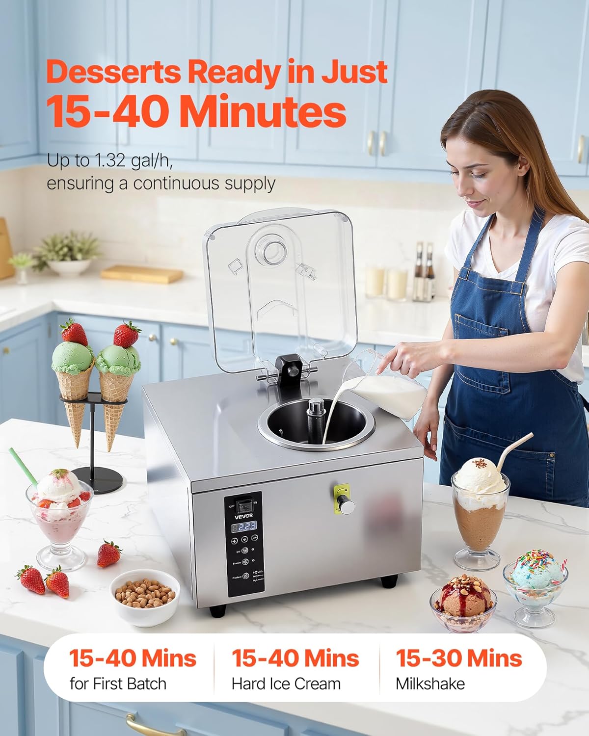 VEVOR Commercial Hard Ice Cream Machine, 500W 1.32 Gal/Hour, Gelato Hard Serve Ice Cream Maker with 2.8L 304 Stainless Steel Cylinder, Auto Clean LED Panel High Productivity for Snack Bar Restaurants