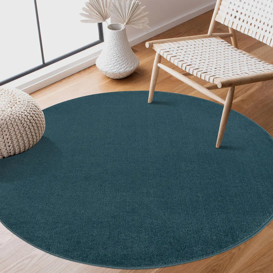 Uni Rond Effen Laagpolig Vloerkleed Modern Blauw - 120 CM ROND