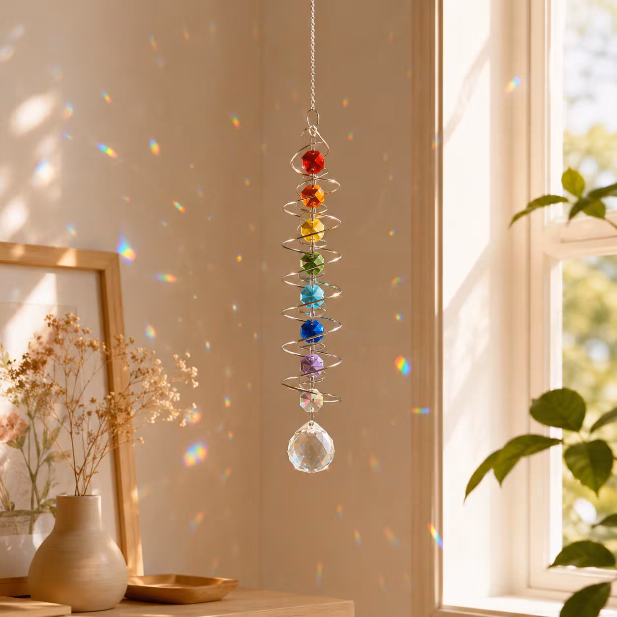 Rotating Rainbow Crystal Suncatcher, Kinetic Hanging Mobile, Alloy Glass Light Catcher