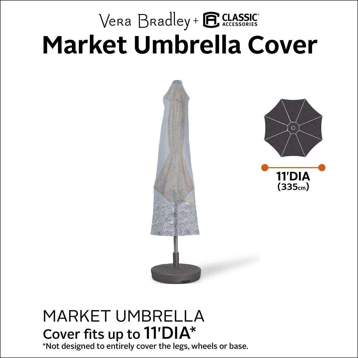 Vera Bradley by Classic Accessories Water-Resistant Market Umbrella Cover, 11 Foot, Rain Forest Toile Gray