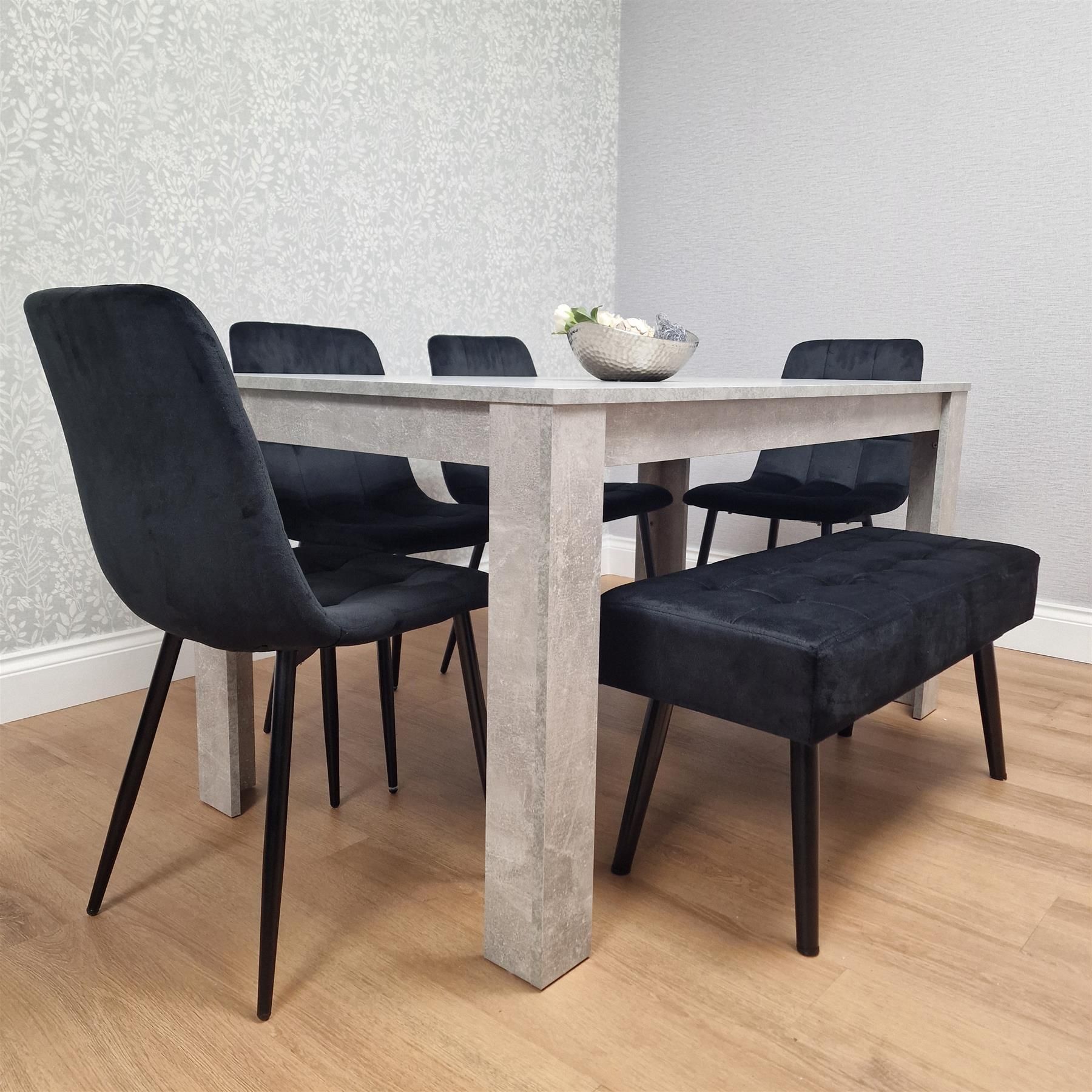 KOSY KOALA Modern Grey Dining Table with 4 Black Velvet Chairs And Black Bench