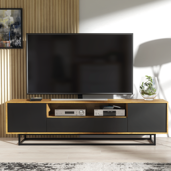 Szafka RTV 200cm Loft ONE FURNITURE Laminat Dębowy & Czarny