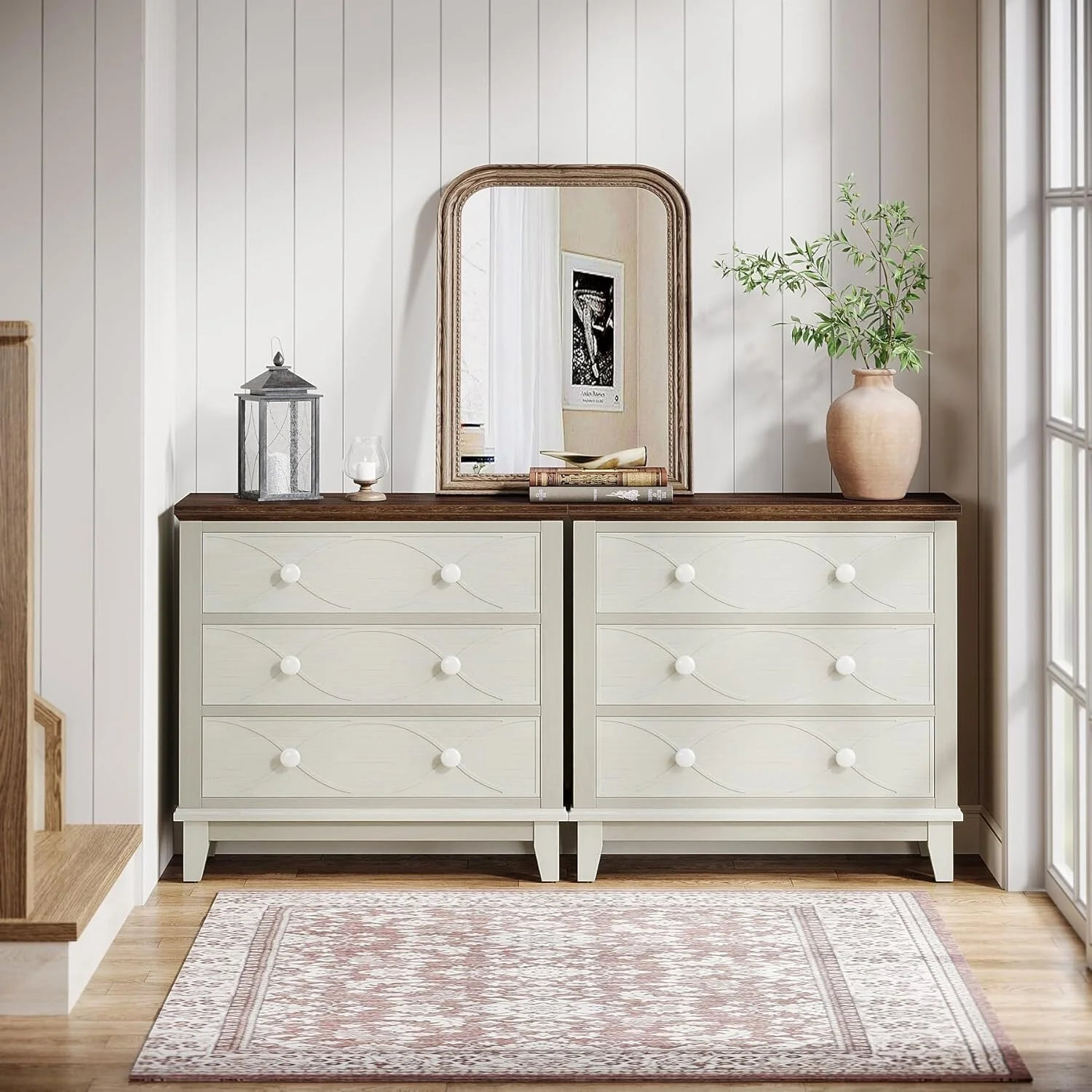 White/ Brown Wood 31.5 Inches Nightstand with 3 Large Drawers