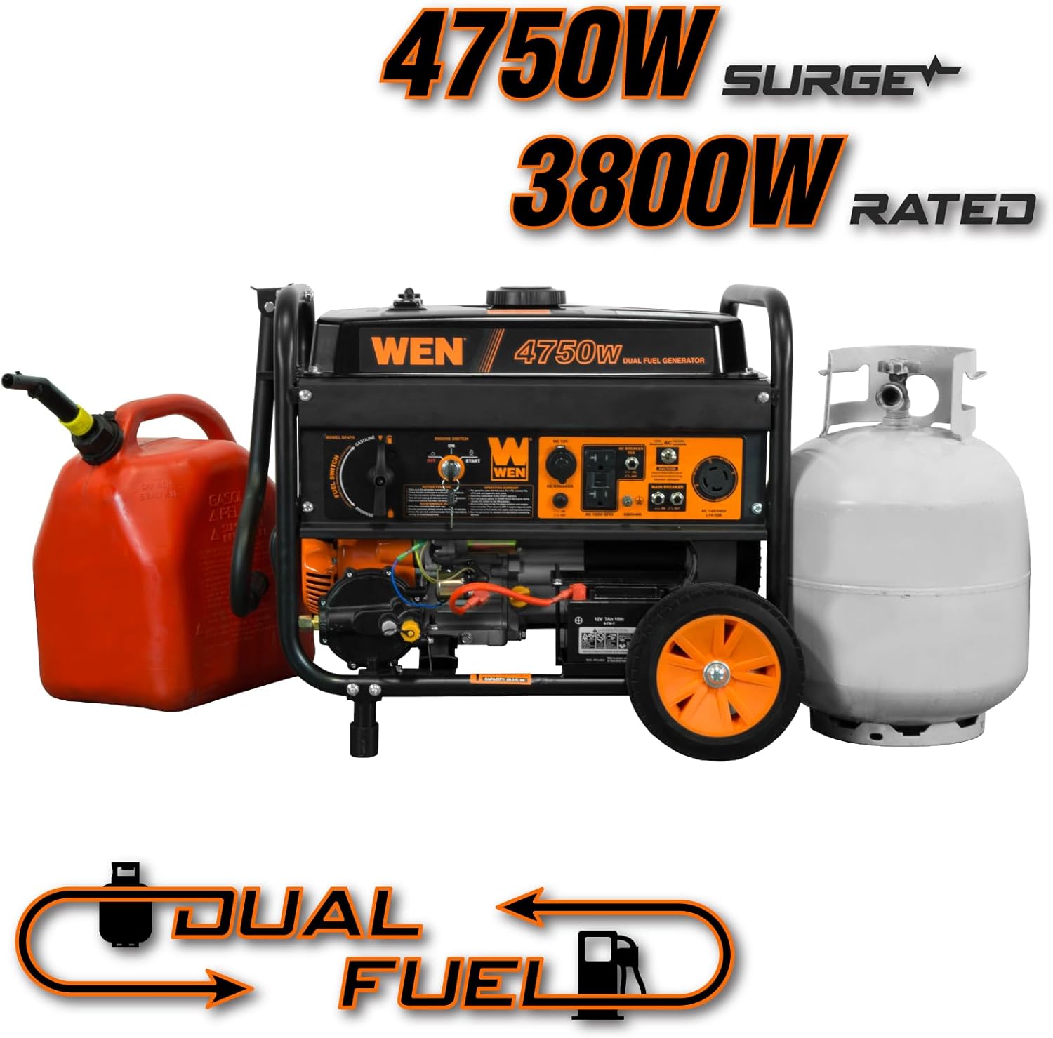 WEN 4 750-Watt 120V/240V Dual Fuel Portable Generator with Wheel Kit and Electric Start (DF475T)