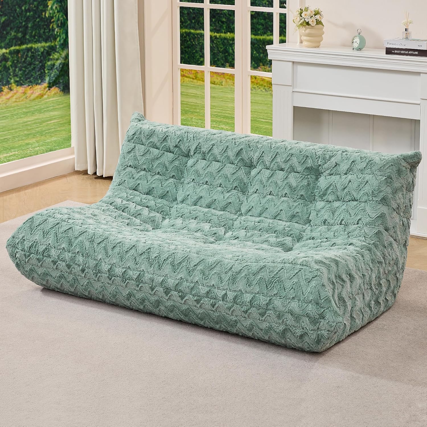 Bean Bag Chairs for Adults Giant Bean Bag Chair Memory Foam BeanBag Chair Bean Bag Sofa with Filler Faux Fur Fireside Beanbags Lazy Sofa for Living Room Bedroom Office (Green Chevron, 3-Seater)