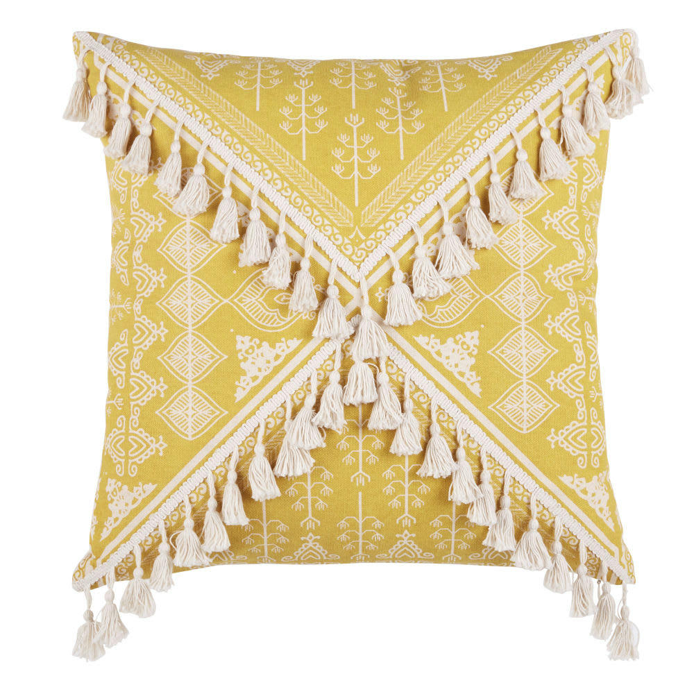 MARTIL - Coussin en coton jaune et écru motifs graphiques imprimé 45x45