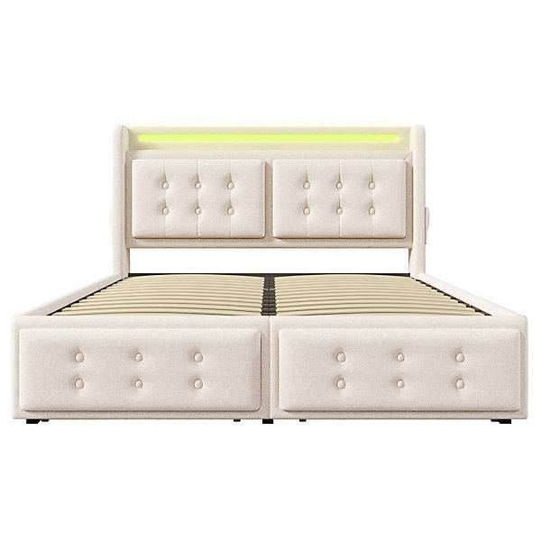 Lit adulte lit 180x200 cm lit rembourré lit 4 tiroirs lit de rangement avec sommier à lattes en bois lit double coton lin beige