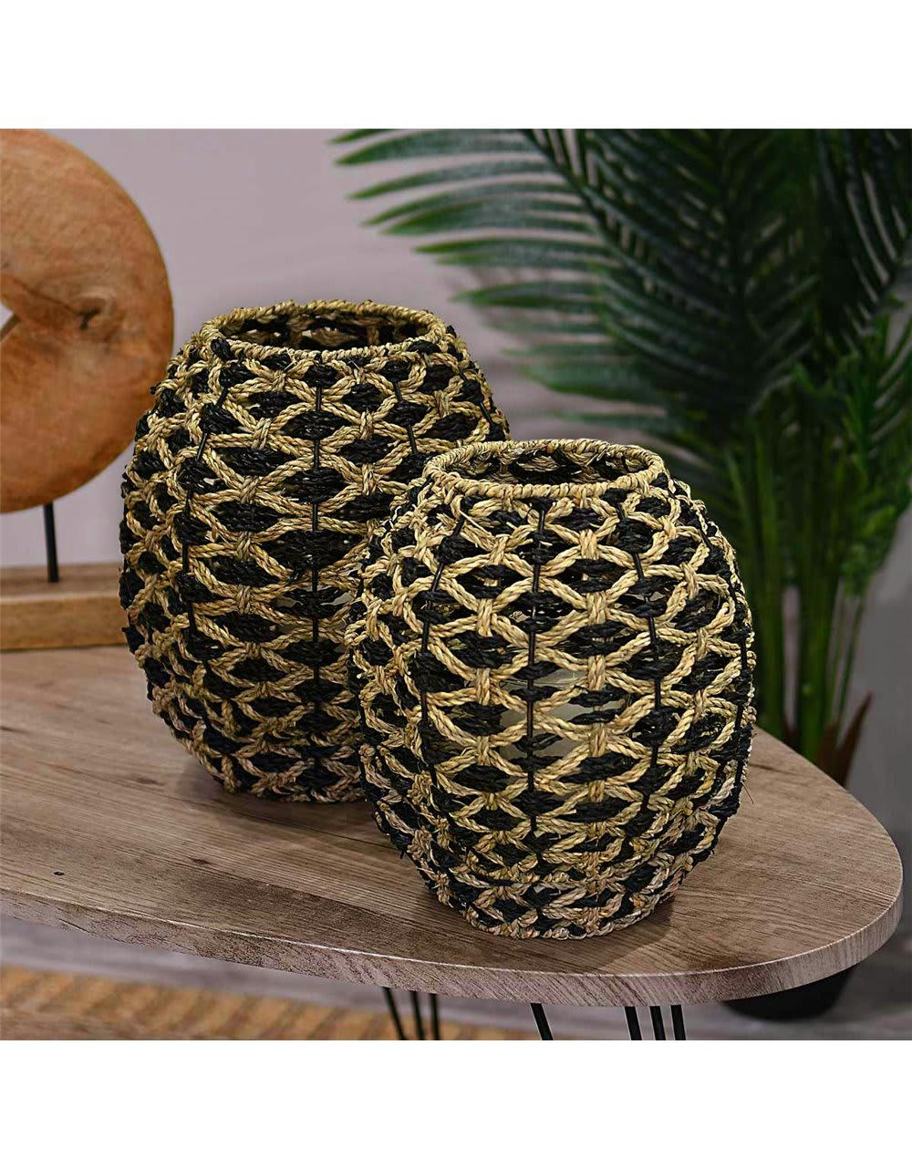 KAZAN - Photophore en jonc de mer  naturel/noir 23x23x23 cm