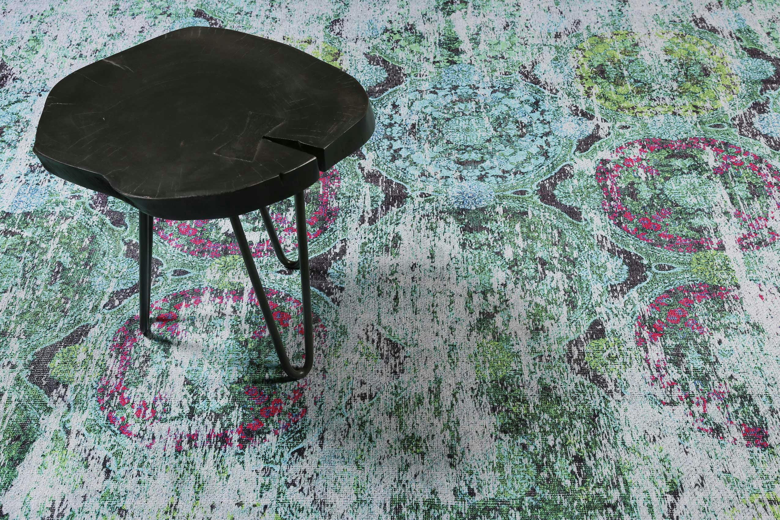 FOCUS - Tapis plat motif vintage effet usé multicolore bleu 200x300