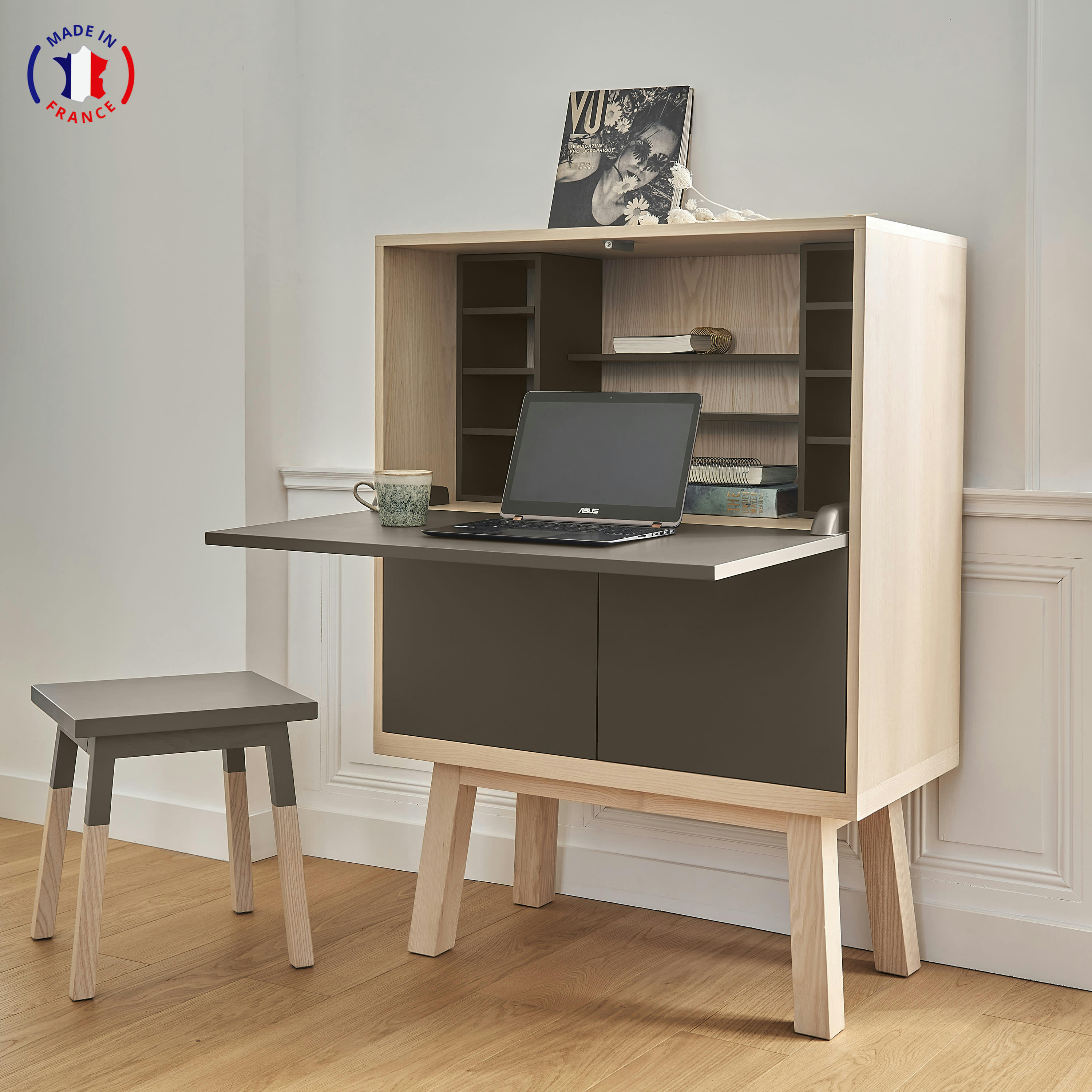 KUBE - Bureau secrétaire avec rangement de 90 cm de large, en frêne