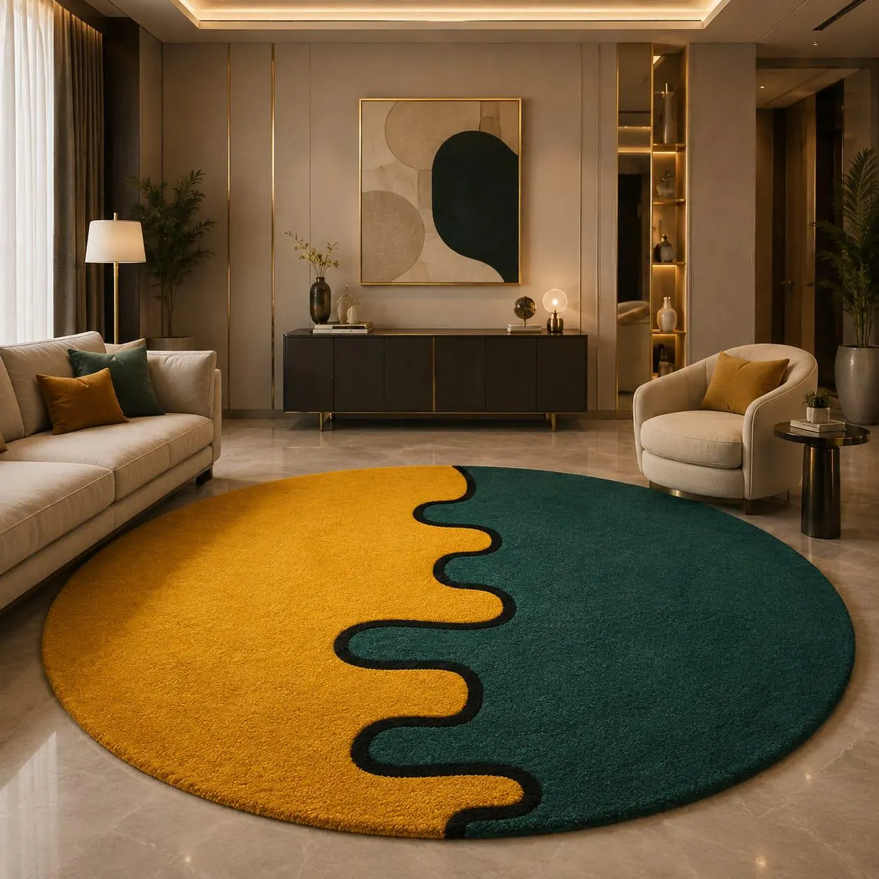 Hand Tufted Abstract Wave Rug, Mustard Yellow and Dark Green Round Area Rug, Modern Organic Wool Carpet, Contemporary Living Room Decor, Han