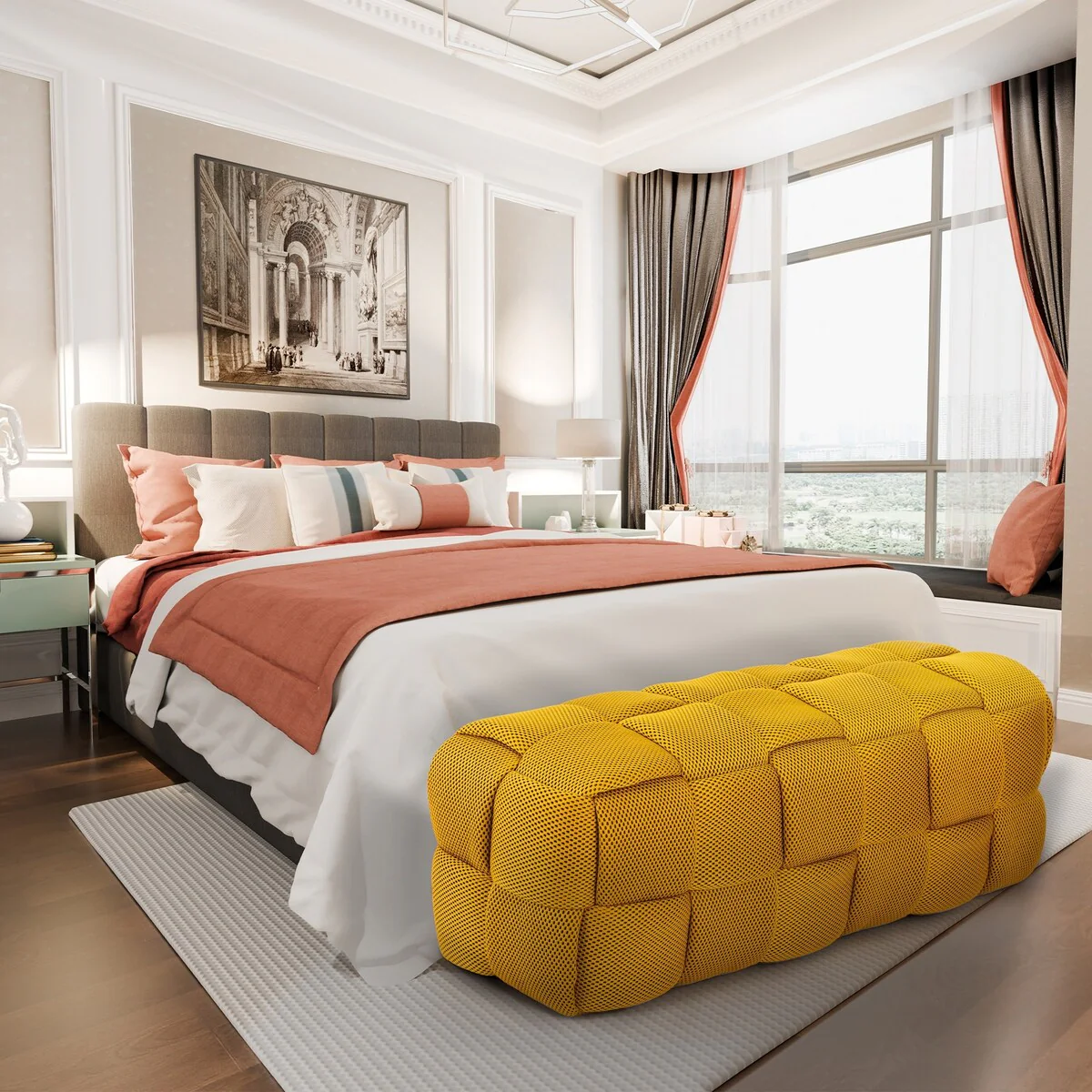 Modern 3D Breathable Fabric Large Ottoman Bench