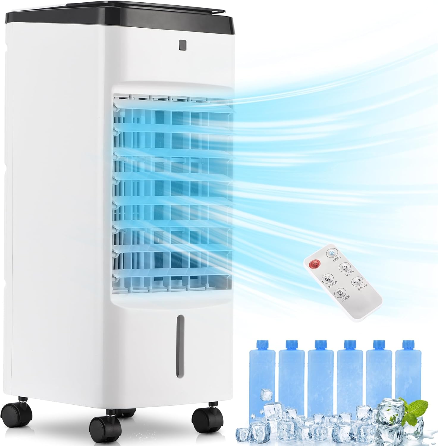 Uthfy Portable Air Conditioners, 3 IN 1 Evaporative Air Cooler with Detachable Water Tank, 6 Ice Packs, 12H Timer, 120° Oscillation, Remote, 3 Speeds, 4 Modes, Swamp Cooler for Bedroom, Office
