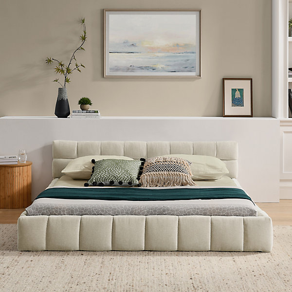 Lit Double 140x200 cm Capitonné Adulte, Chenille Douce, Cadre Bois Métal, Montage Facile, Beige, Sans Matelas