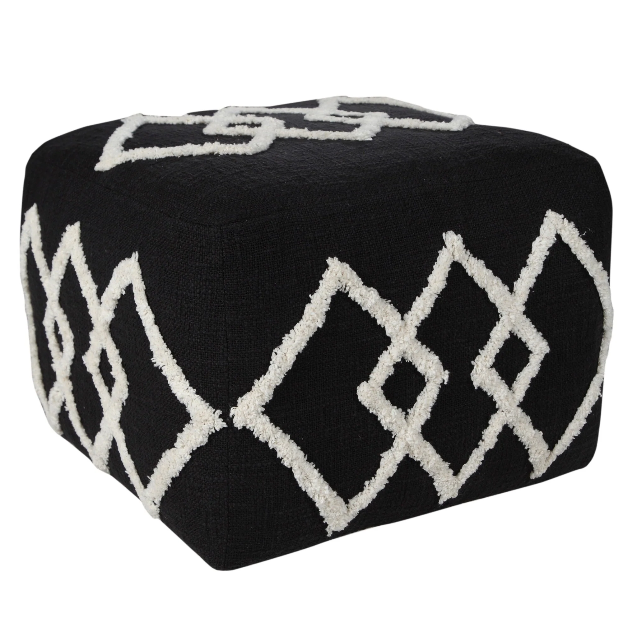 18 Black Cotton Geometric Pouf Ottoman for Living Room or Bedroom Decor