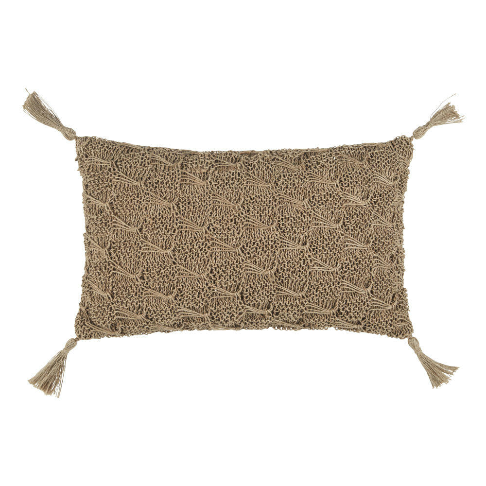 BETHANIA - Coussin en jute et macramé beige avec pompons 30x50