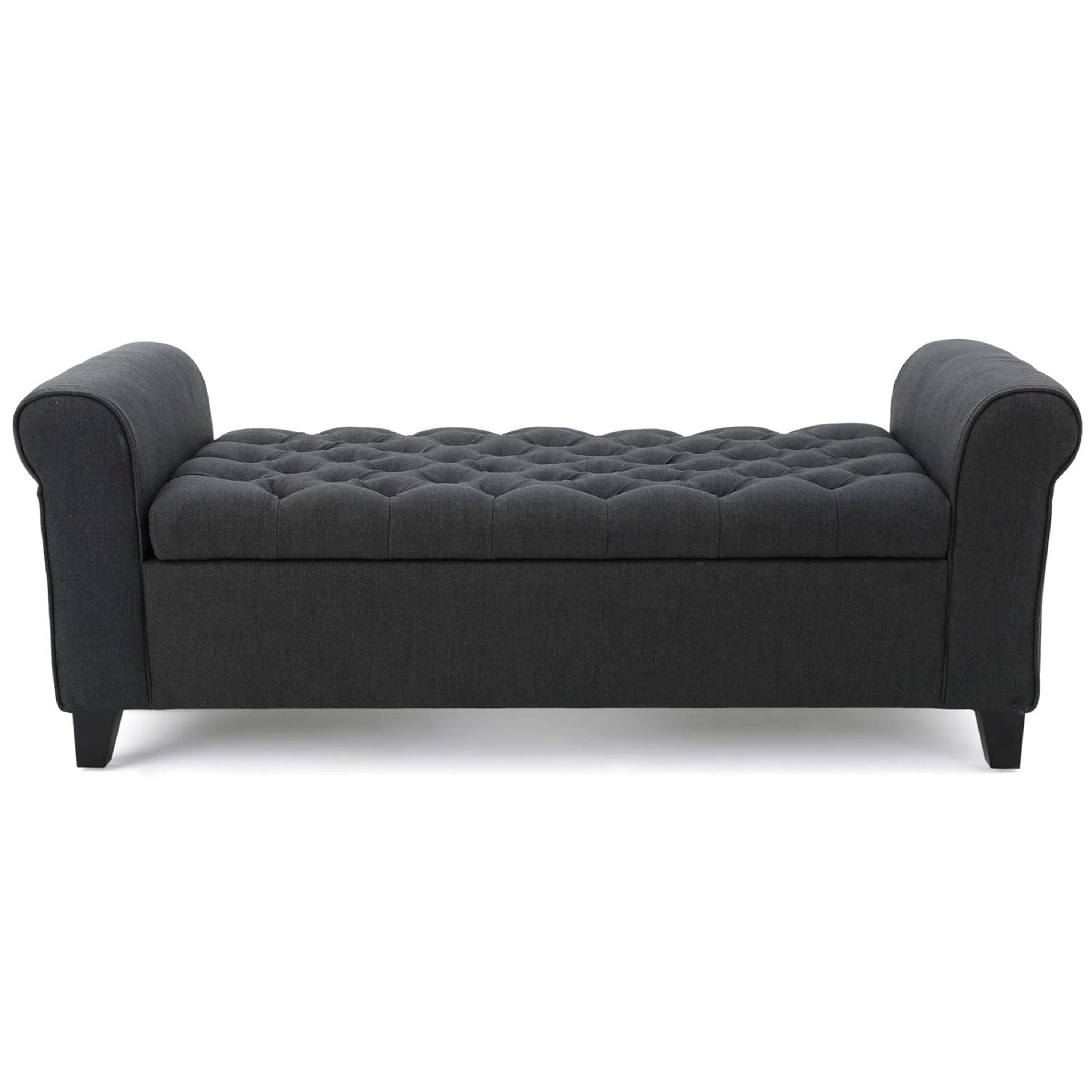 Shawn Storage Bench with Rolled Arms, 50 Inch Button Tufted Dark Gray
