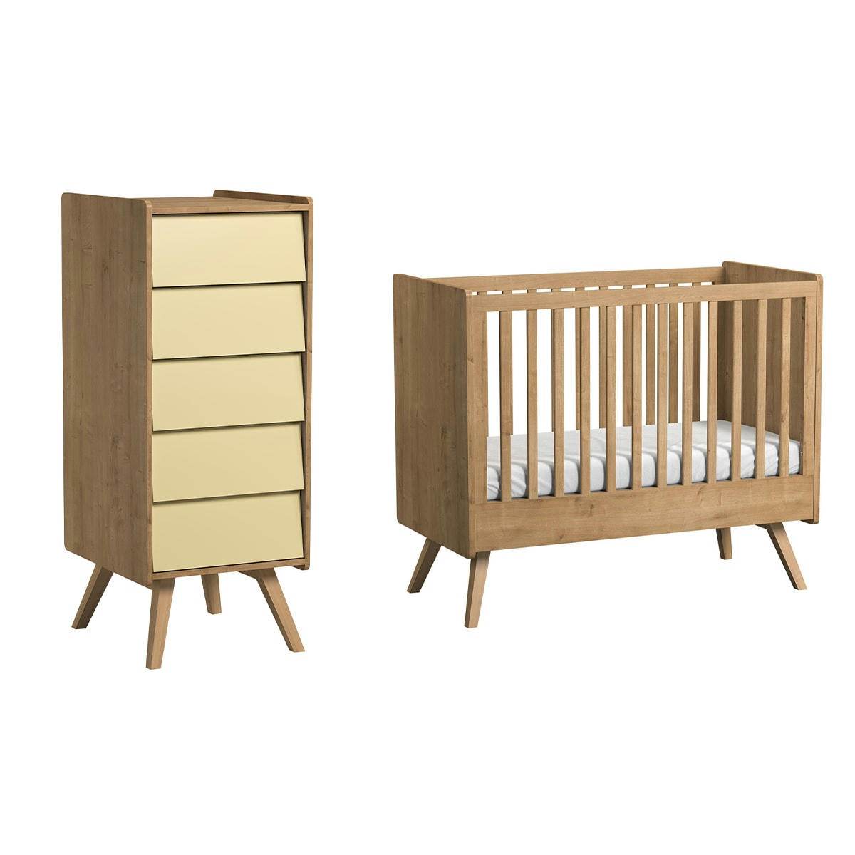 DUO - VINTAGE - Lit bébé 60x120 chiffonnier naturel beige