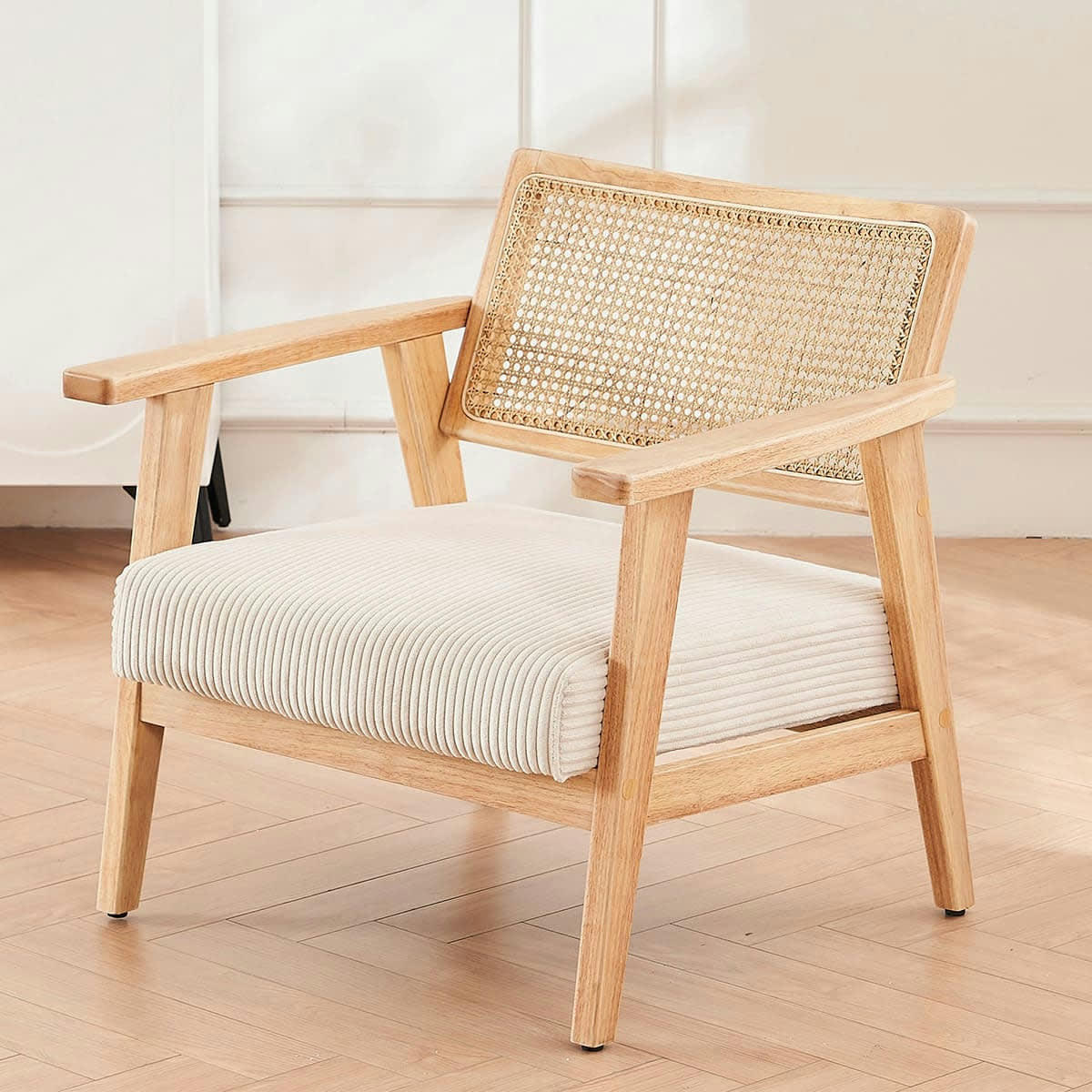 TIM - Fauteuil en velours côtelé beige et cannage naturel