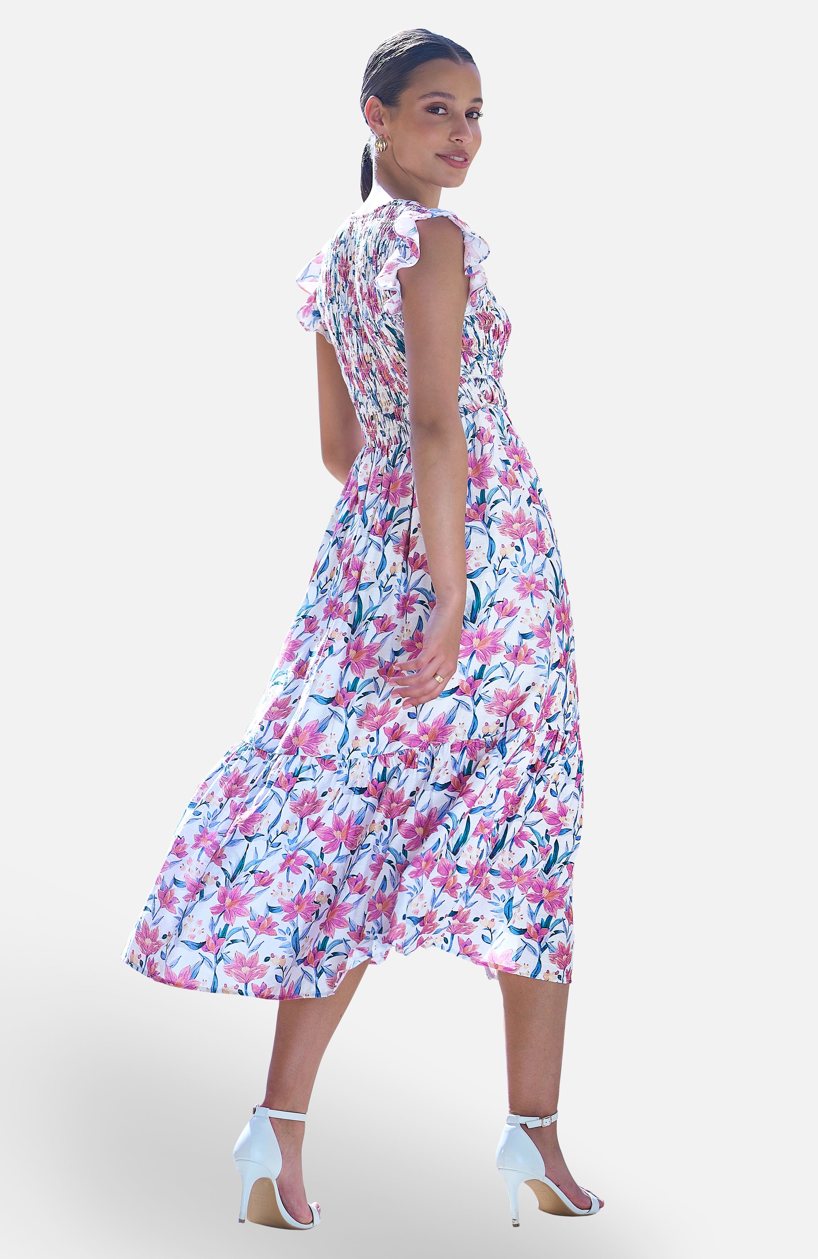 Yumi White Viscose Floral Ruched Waist Midi Dress