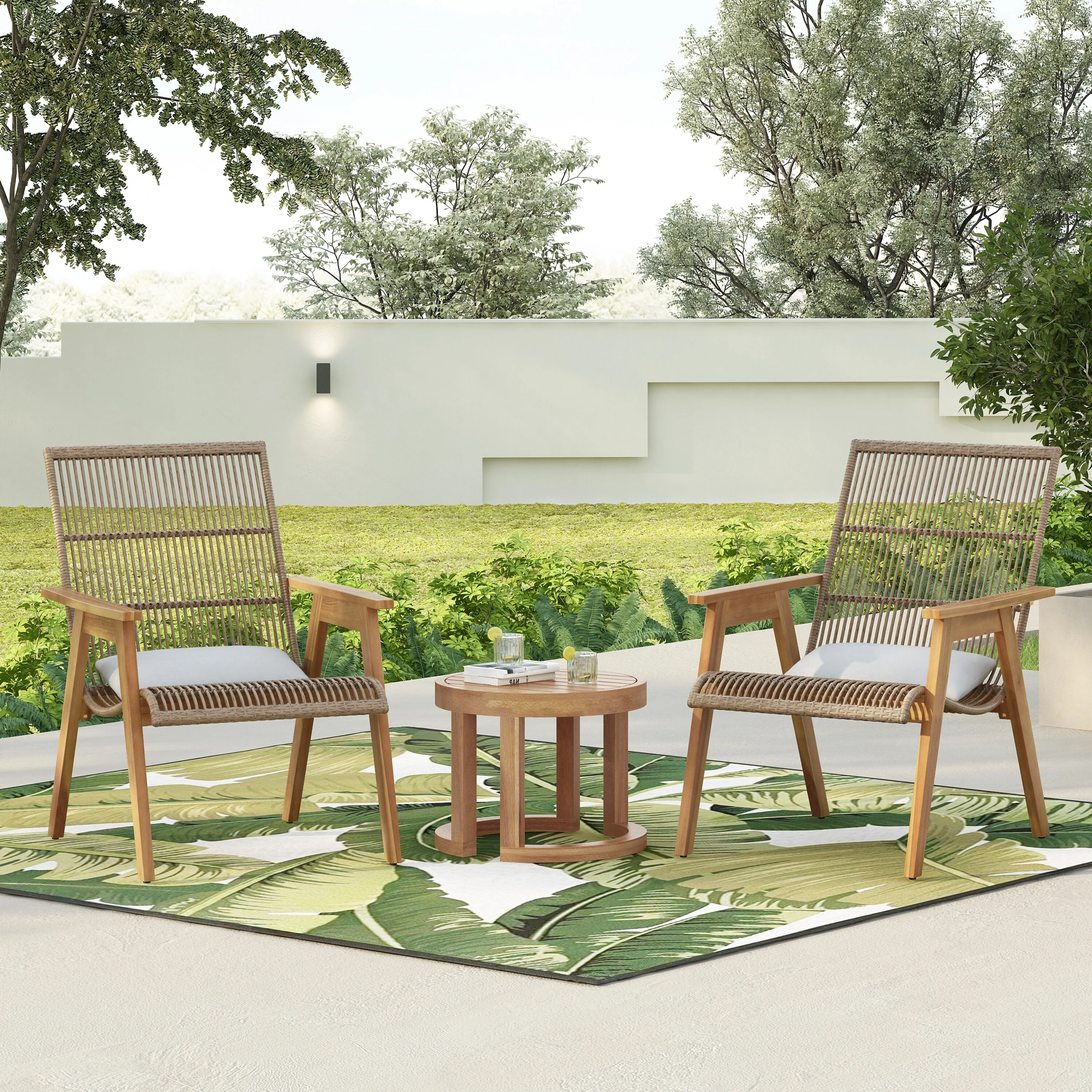 Outdoor Acacia Wood 3-Piece Lounge Set: 2 Cape Woven Wicker Lounge Chairs with Pillows + 18 Solid Side Table for Patio,