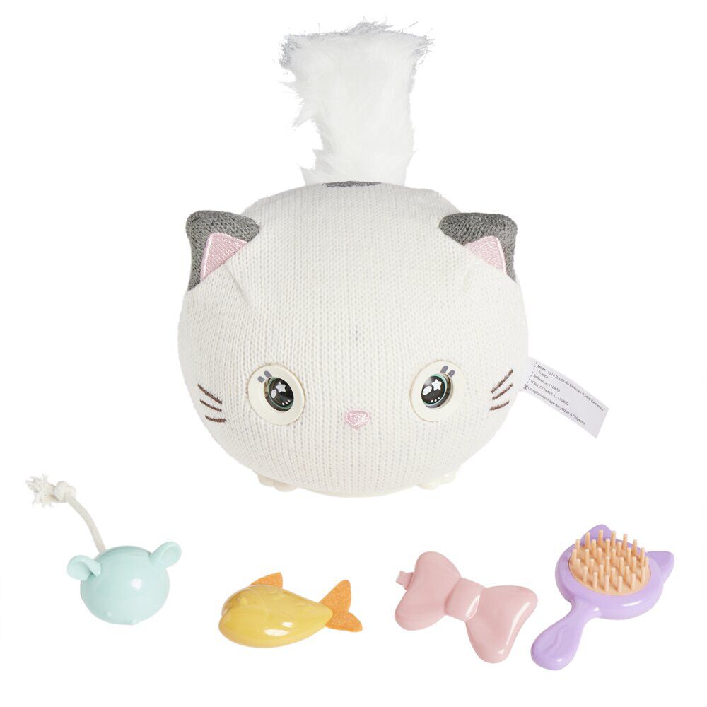 Peluche chaton interactif tissage laine blanc avec accessoires Ø19xH19cm