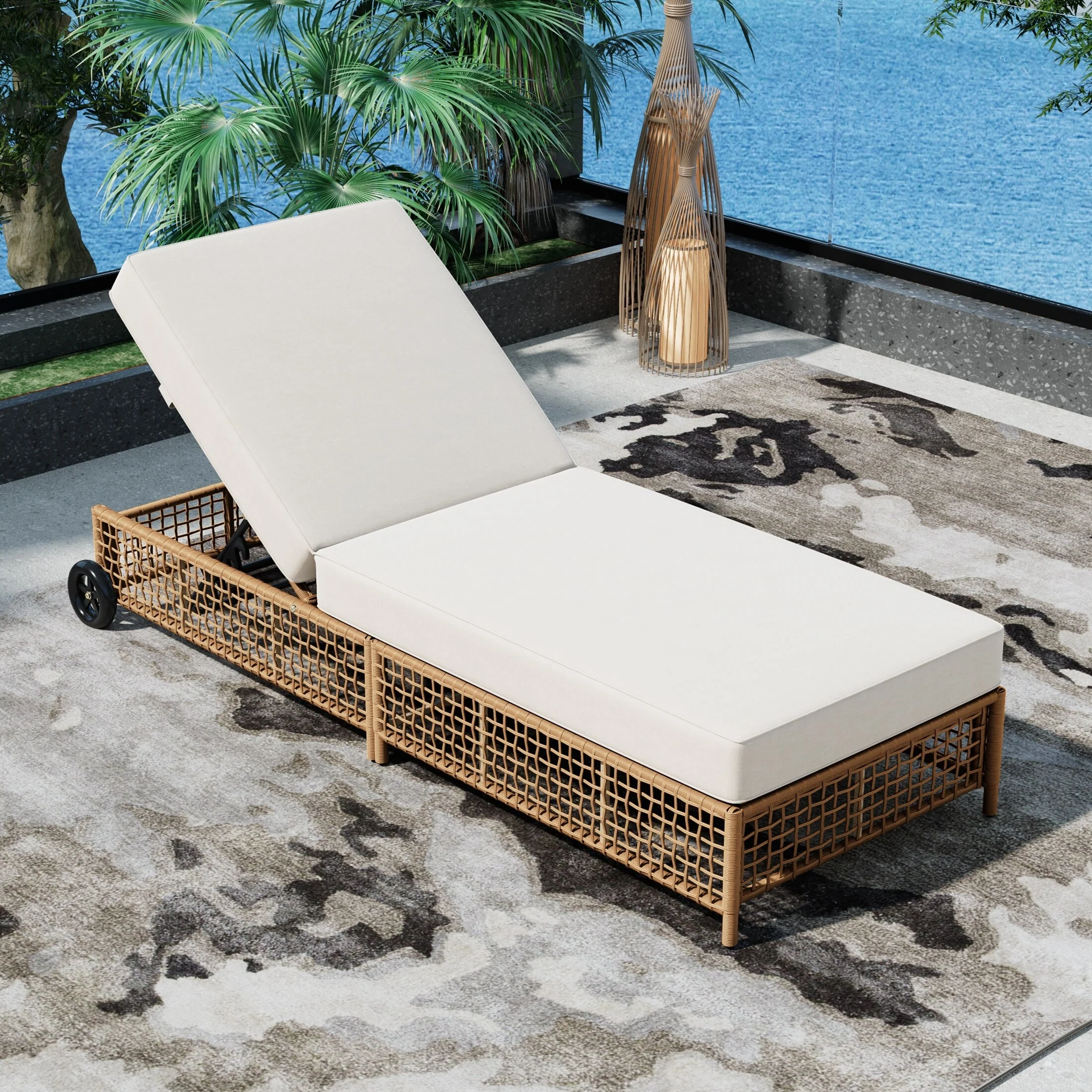Outdoor Lounge Chair, Patio Chaise Lounge with 5-Position Backrest, Rattan Outdoor Lounge Chair with Cushion