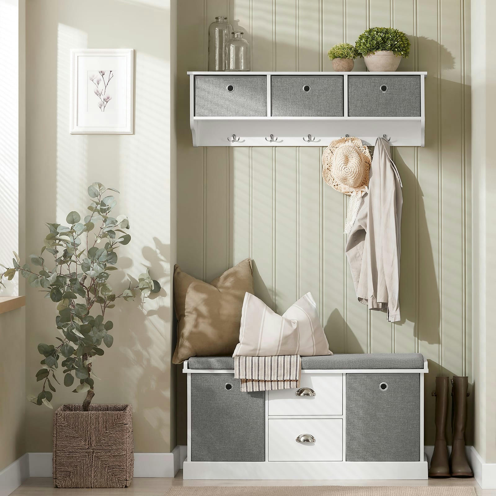 - Banc à chaussures avec coussin rembourré effect bois gris