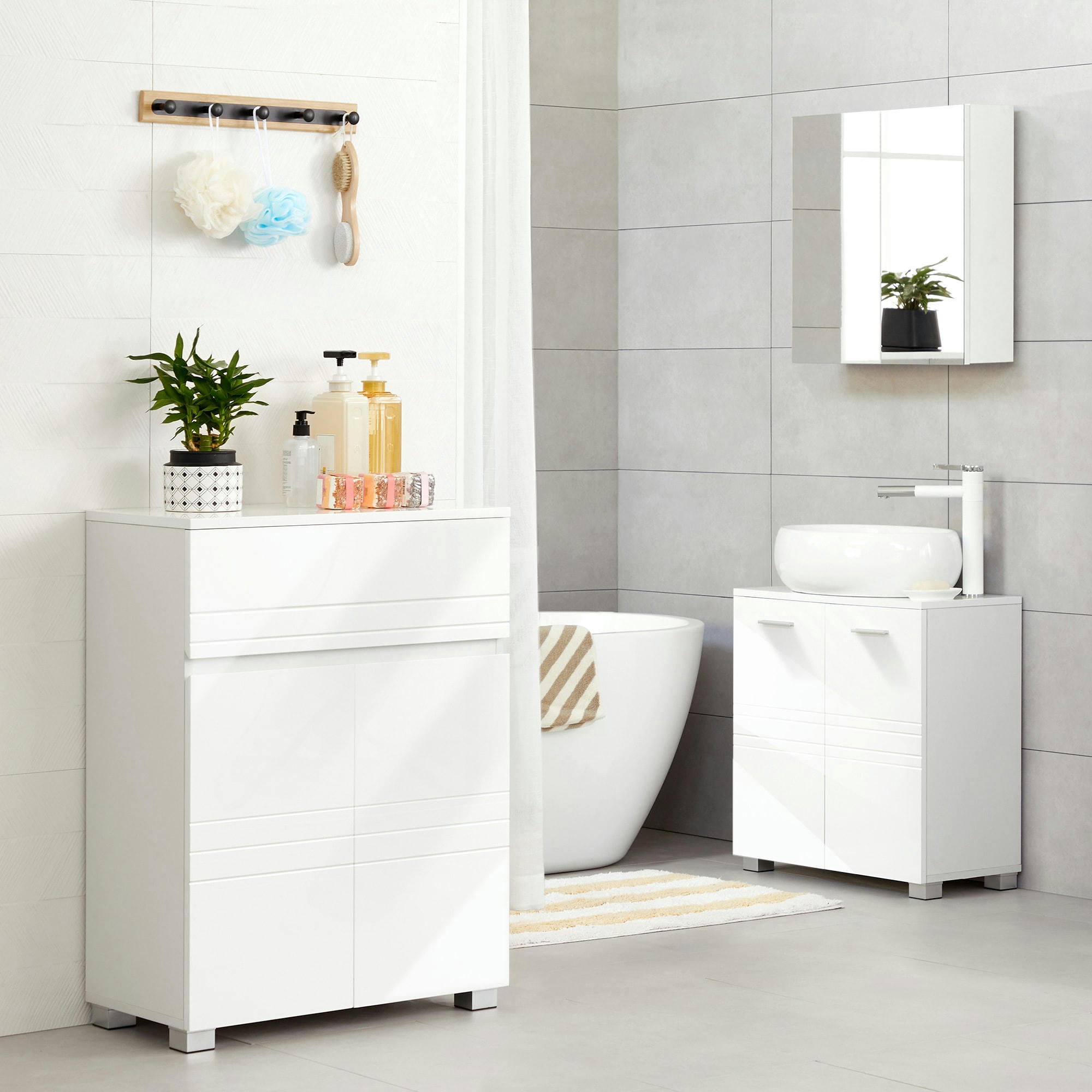 - Meuble de salle de bain 1 tiroir 2 portes effet bois blanc