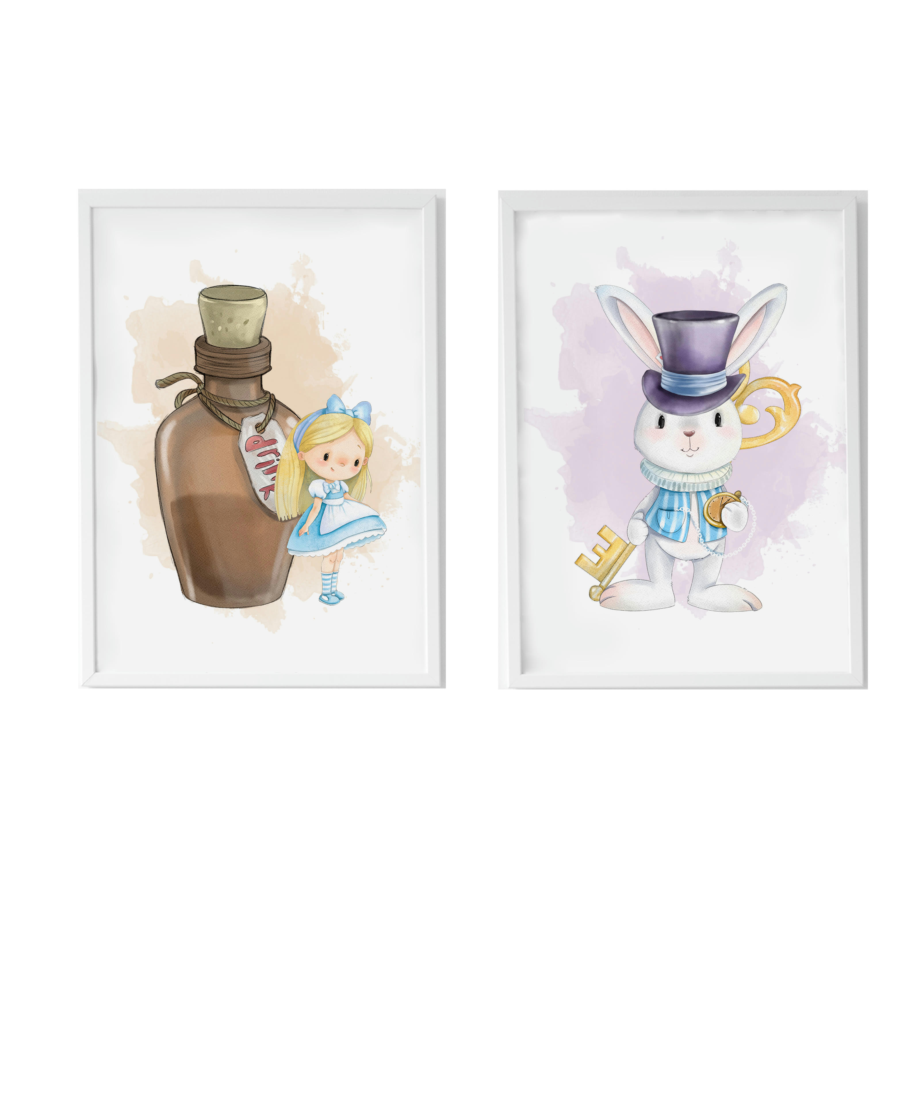 DECOWALL - Pack encadré bois blanc impression le potion de lapin Alice 43X33 cm