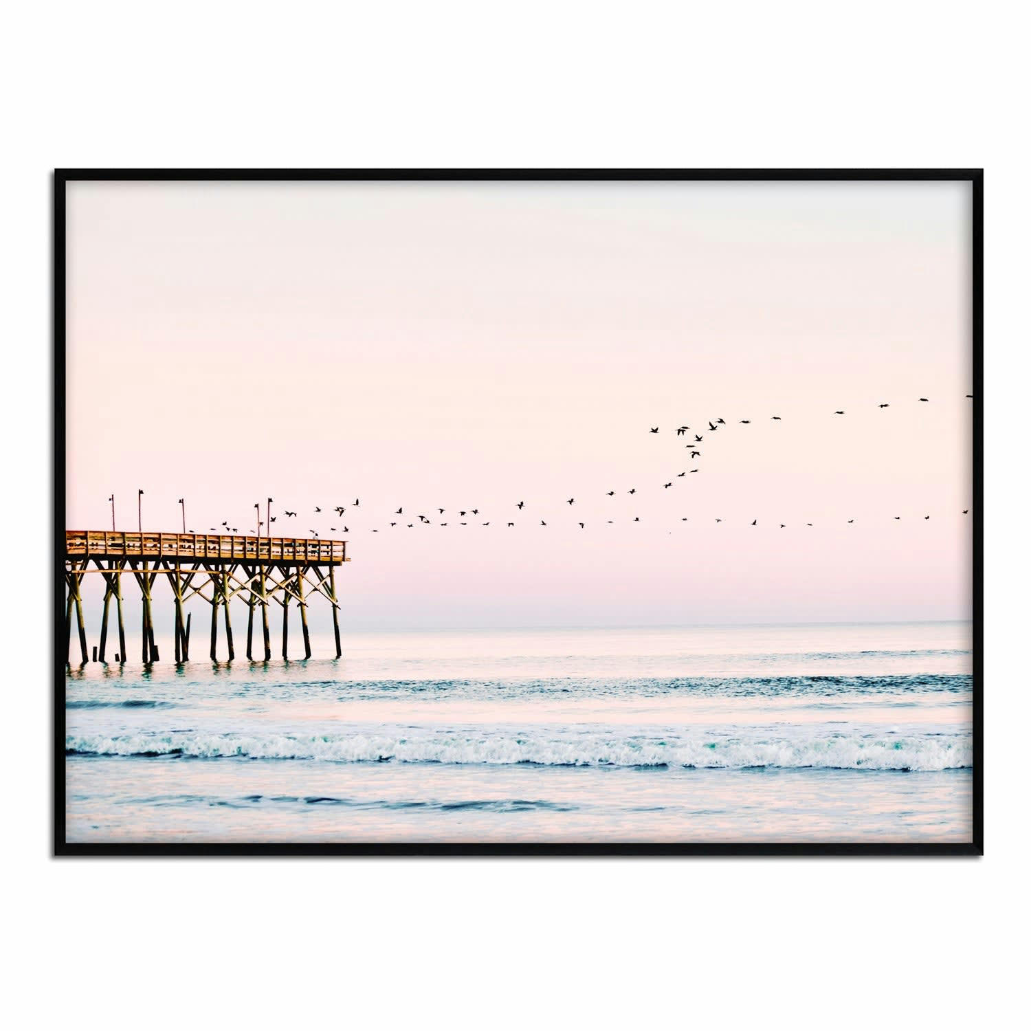 MAR - Affiche avec cadre noir - Oiseaux volant au-dessus de la mer - 50x70