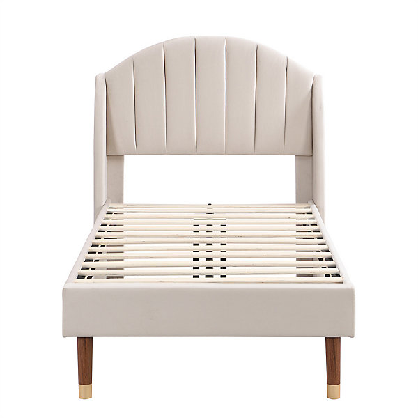 Lit adulte lit cadre à lattes en bois lit 90x200 cm lit rembourré Single velours beige
