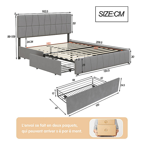 Lit double gris 160 x 200 cm, velours, cadre de lit avec 4 tiroirs, sans matelas