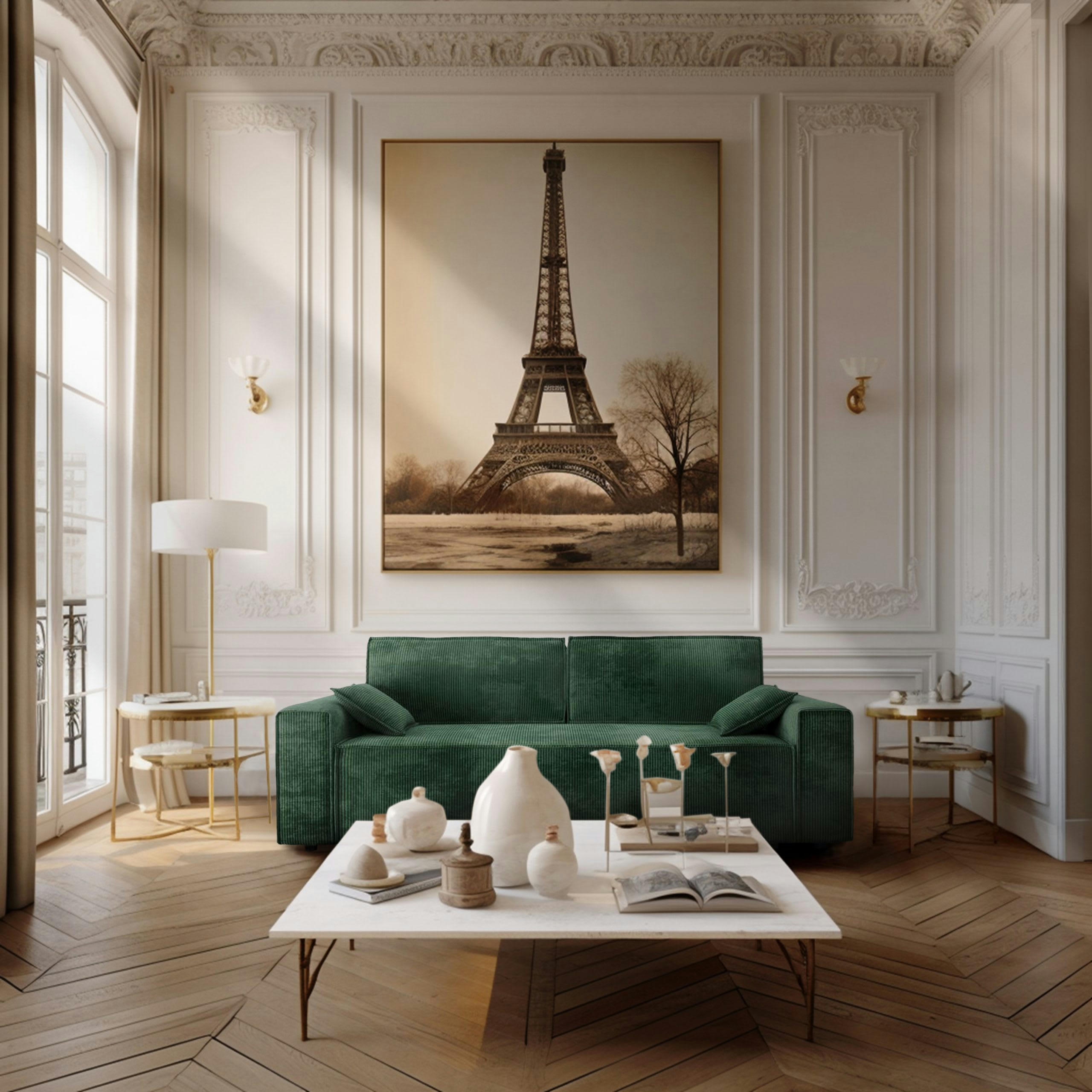 DURIF - Canapé droit convertible 3 places en velours côtelé vert