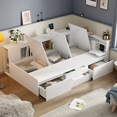 Lit simple 90x200cm en bois massif - avec rangements multifonctions - Blanc