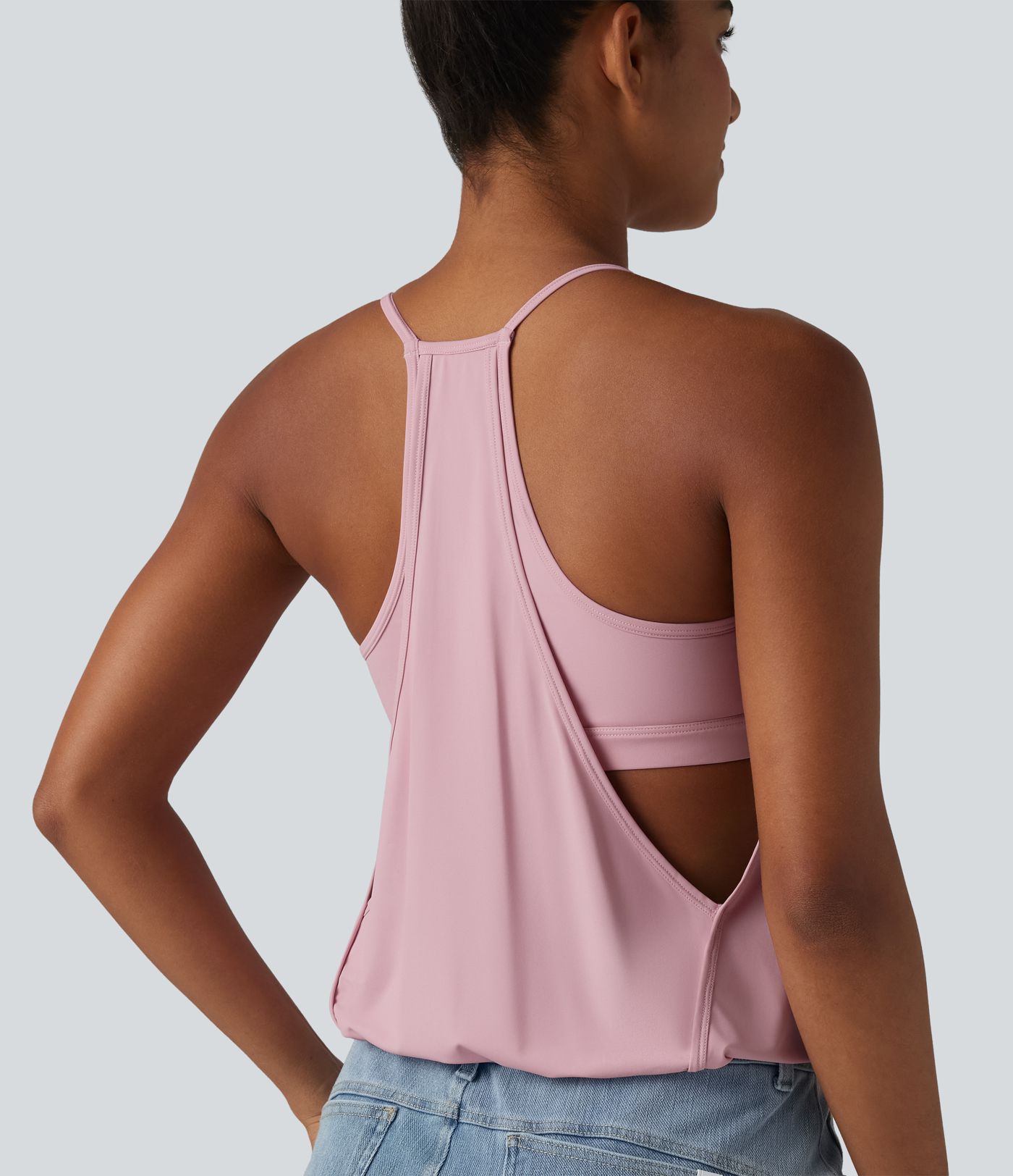 Débardeur décontracté col U froncé 2-en-1 avec brassière intégrée effet frais InstantCool séchage rapide, protection solaire UPF50