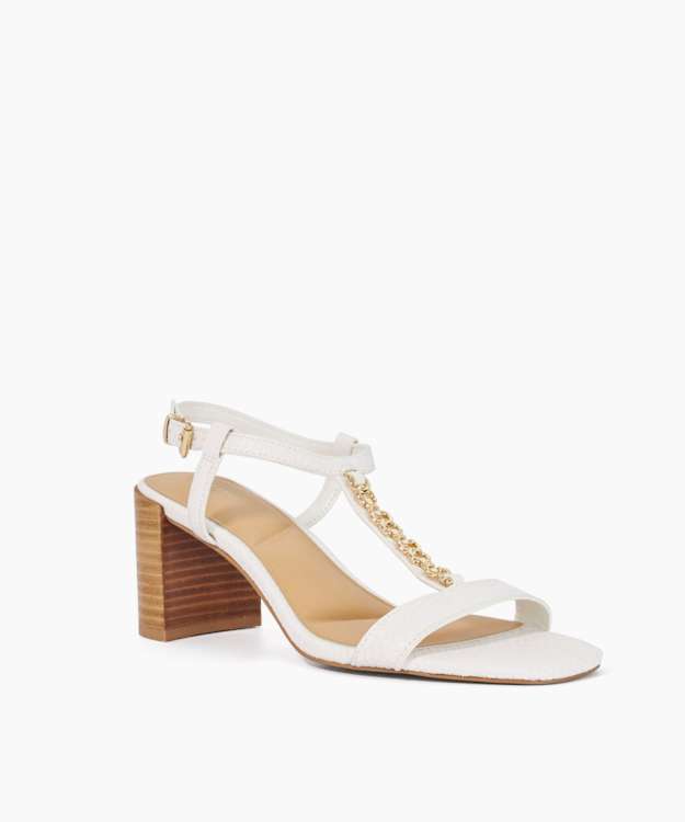 Josina White - Leather Gold Chain Embellished T-Bar Sandals