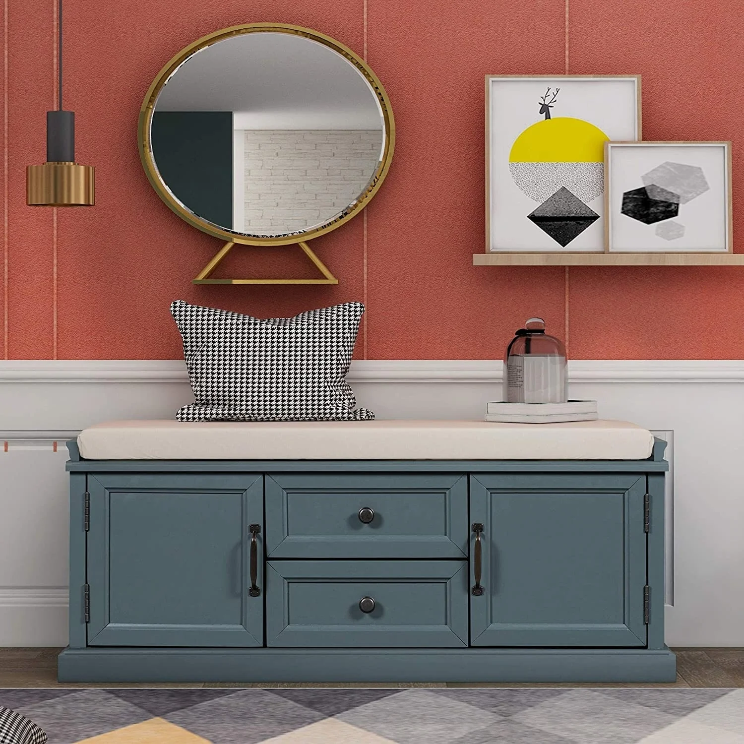 Drawer Storage Bench with Removable Cushion for Living Room