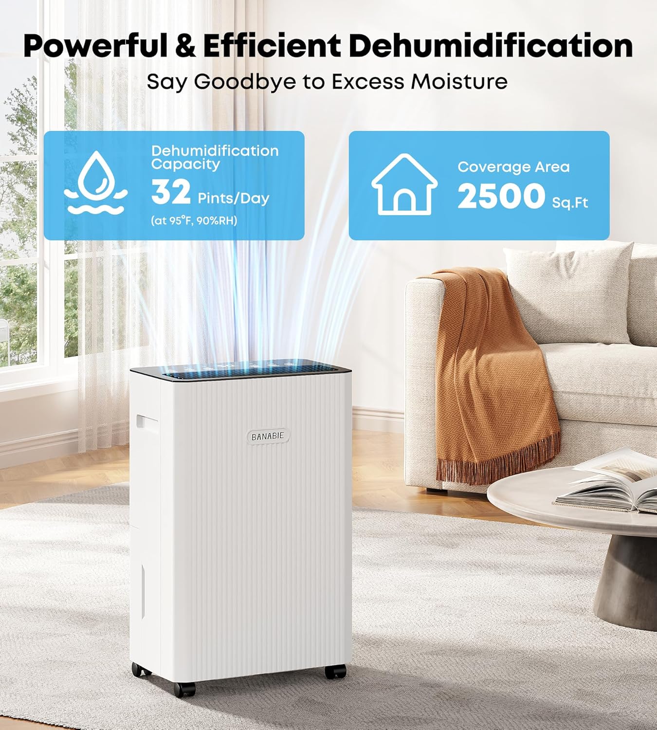 2500 Sq.Ft Dehumidifier for Basement, 32 Pint Dehumidifiers for Home with Drain Hose, Ultra Quiet 32dB, Smart Humidity Control, 24H Timer, Energy Efficient, Portable for Bedroom, Bathroom, RV