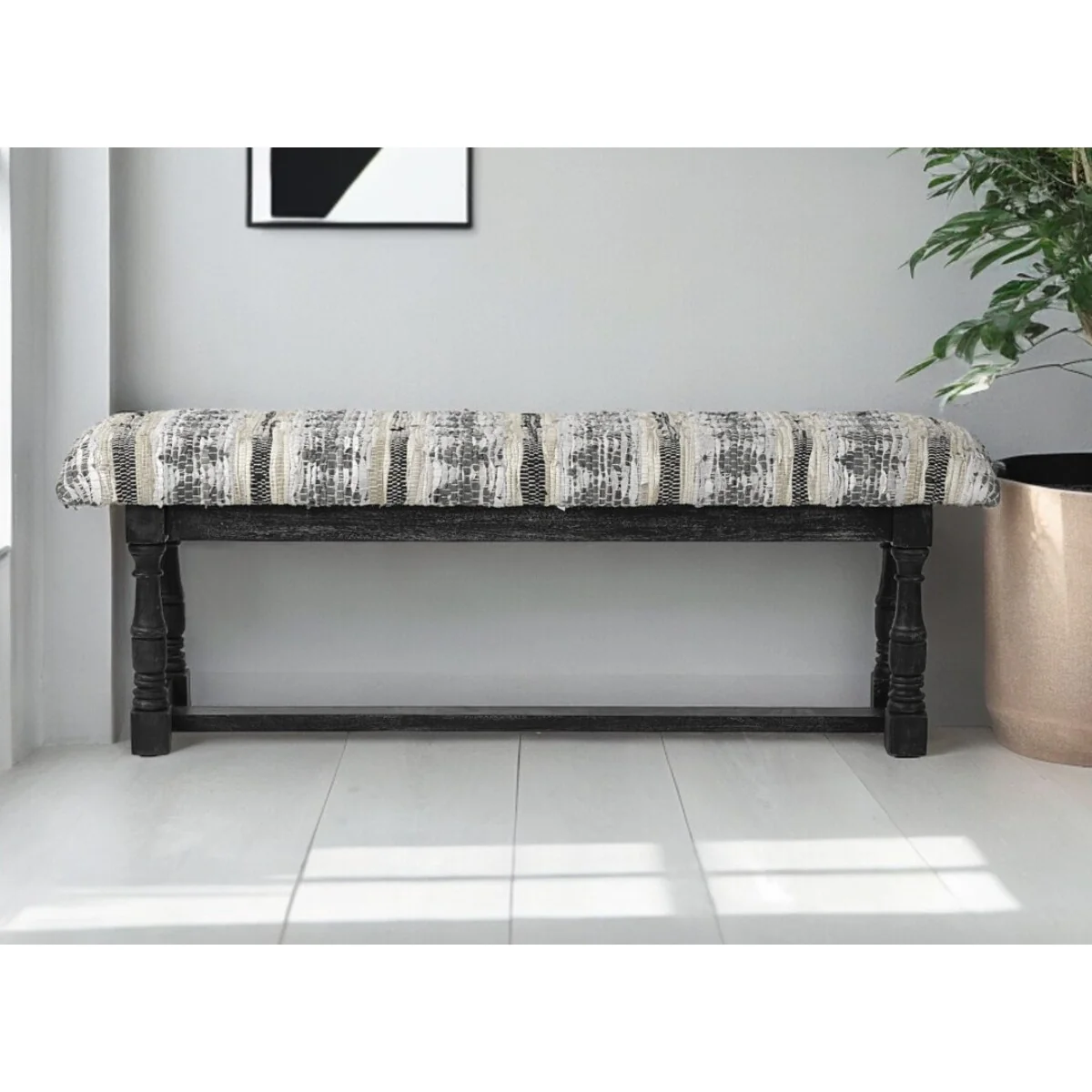 Off White Faux Leather Upholstered Entryway Bench Black Wood Legs Striped Pattern - 56” D x 14.5” W x 19” H