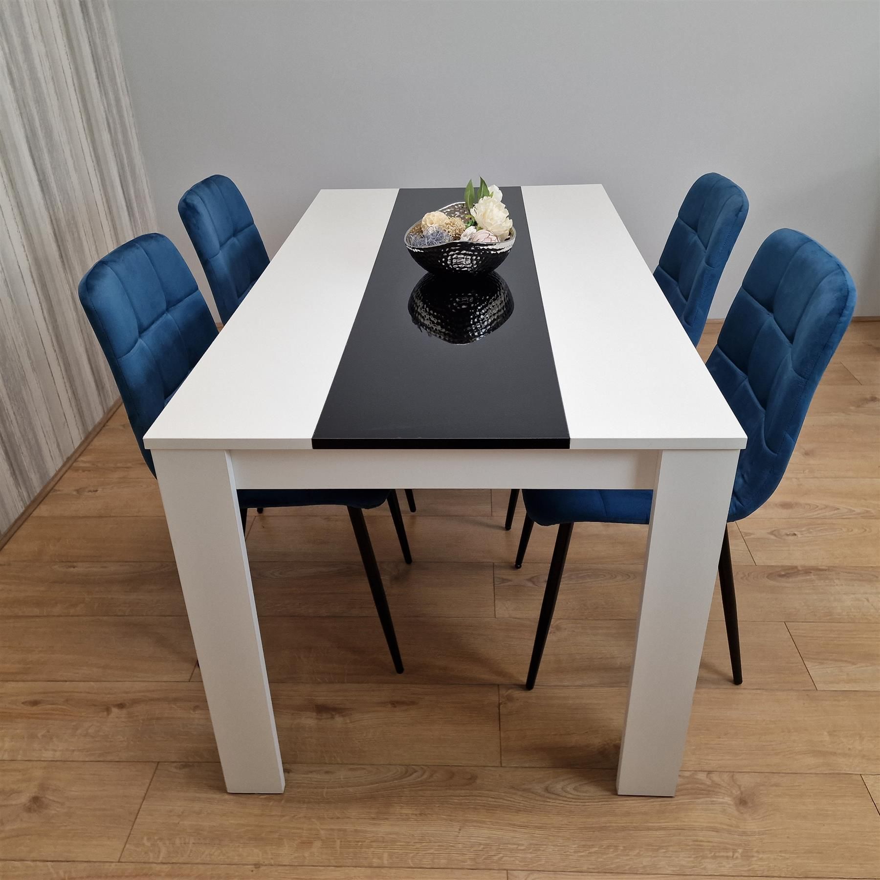 KOSY KOALA Dining Table and 4 Chairs Set White Black Table With 4 Blue Velvet Chairs Dining Room Furniture