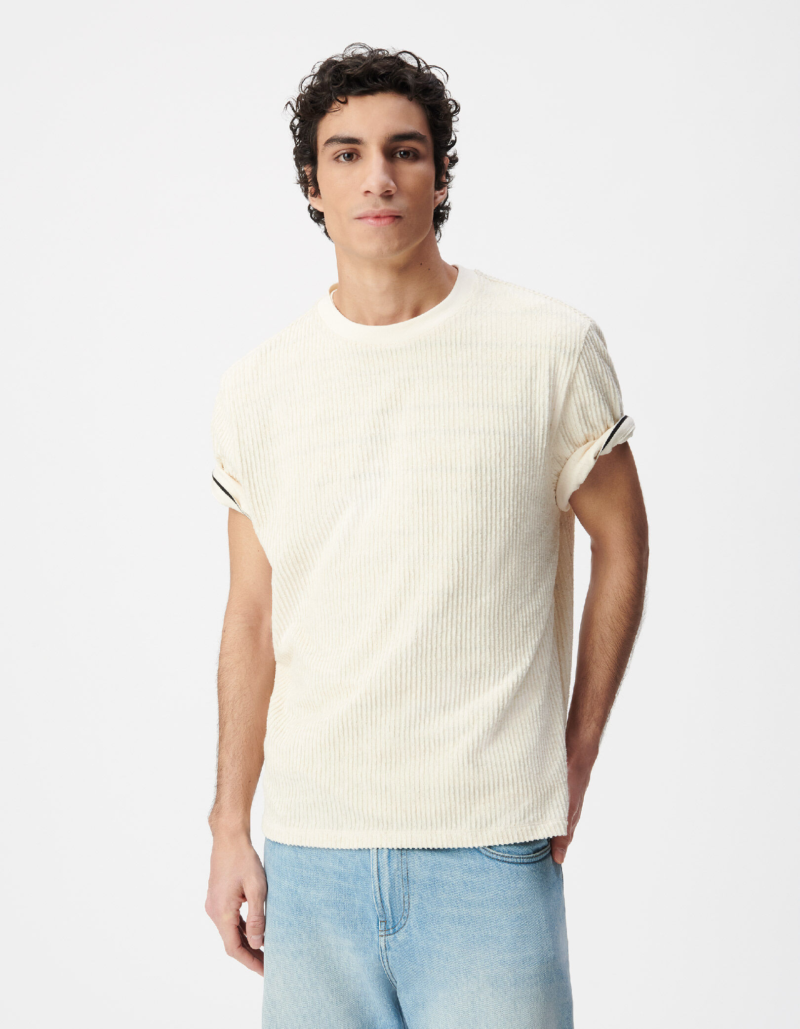 T-shirt col rond écru éponge motif rayures Homme