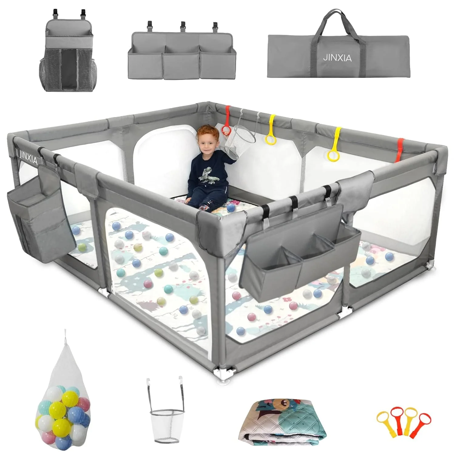 Baby Playpen with Mat 75*59, Extra Large Playpen for Babies and Toddlers with Storage Bag, BPA-Free, Non-Toxic, Safe No Gaps Playards for Babies, Sturdy Safety Play Yard for Indoor Outdoor Fun, Grey(50*50)