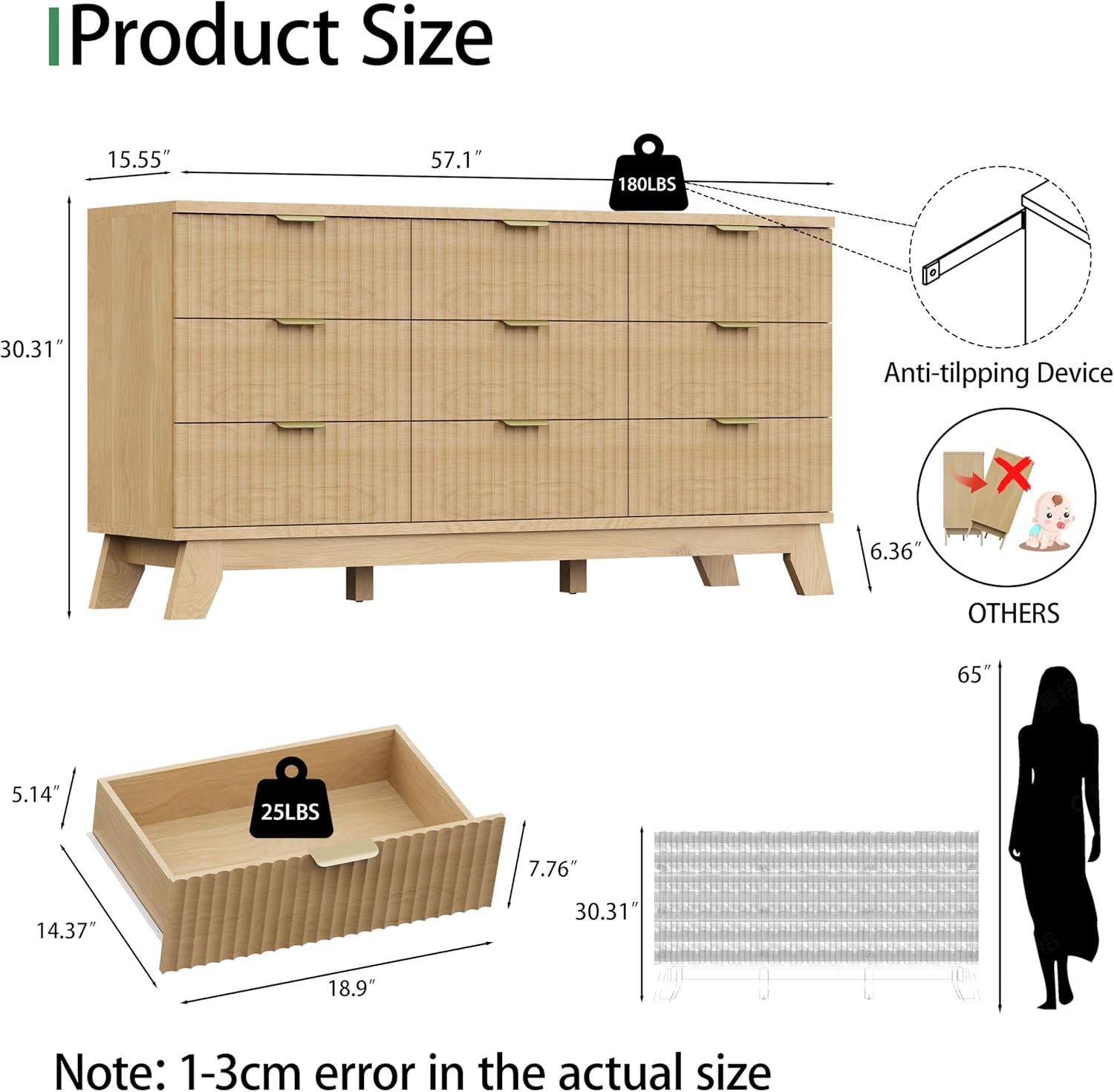 Fluted Dresser for Bedroom with 9 Drawers, 57 Wide Modern Chest of Drawers with Metal Handle, Wooden Dresser TV Stand, Wood Closet Clothes Storage Organizer for Living Room, Hallway, Natural Oak