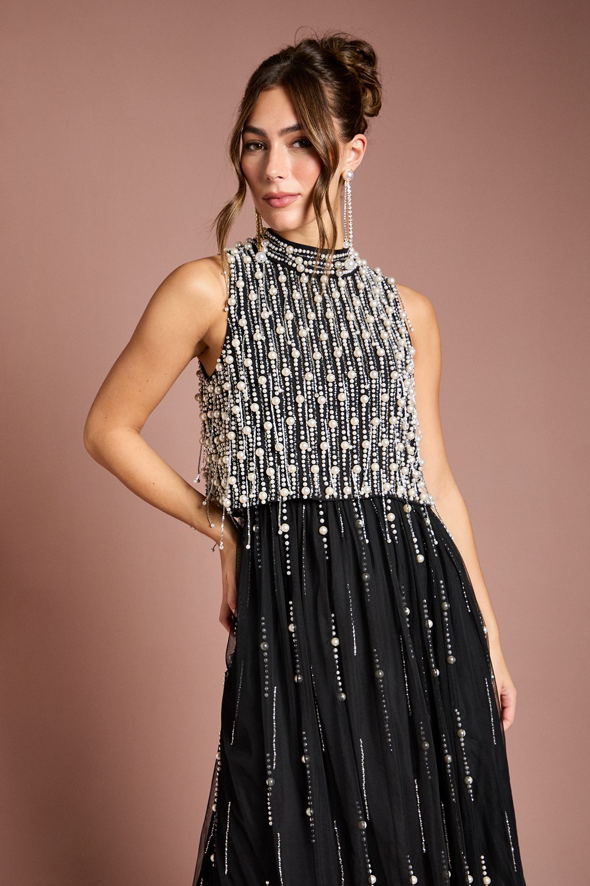 Coast Pearl Beaded Overlay Georgette Maxi Dress