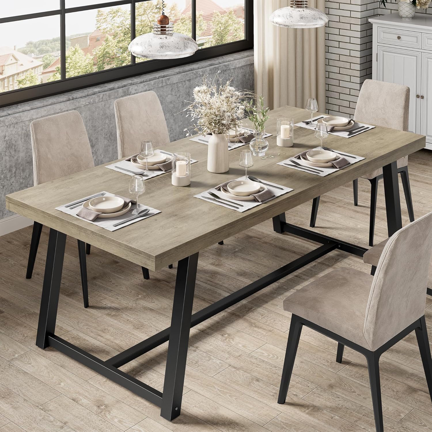 IRONCK 71 Dining Table for 6-8 People, Industrial Kitchen Table with Sturdy Metal Frame, Rectangular Grey Wood Dinner Table for Dining Room